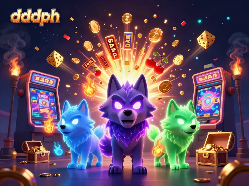 Engage with dddph through a captivating casino-themed scene featuring mystical wolves, slot machines, and festive elements.