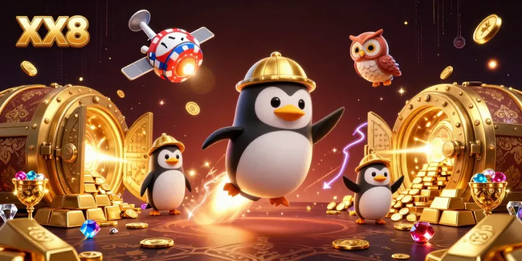 Watch the golden penguin soar towards the XX8 casino station in a vibrant, dynamic 3D illustration
