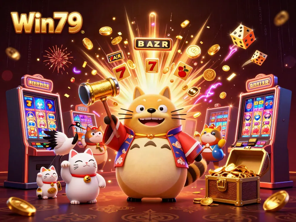 Engage with Win79 as colorful raccoon and fortune cats celebrate big wins in a vibrant casino scene.