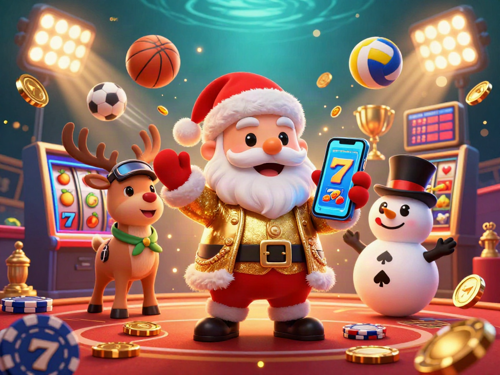 Engage with 82vn’s vibrant casino slot scene featuring Santa and friends celebrating jackpots.