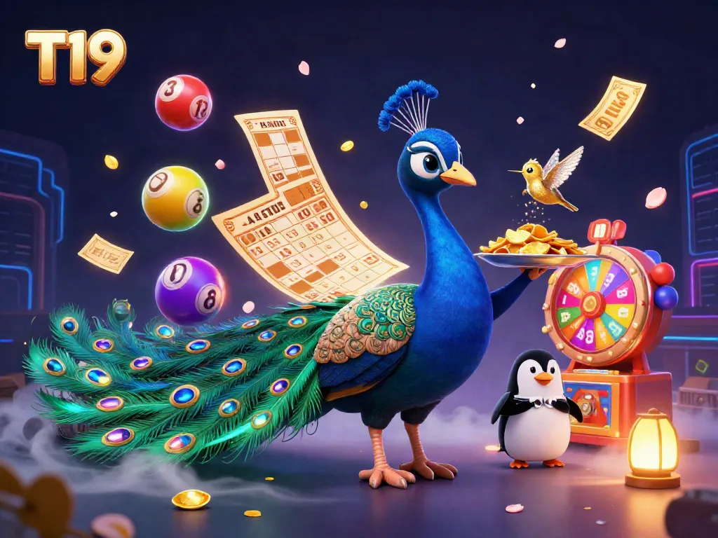 T19 offers exciting gameplay with a lavish peacock, a butler penguin, and a hummingbird amidst colorful gaming symbols.