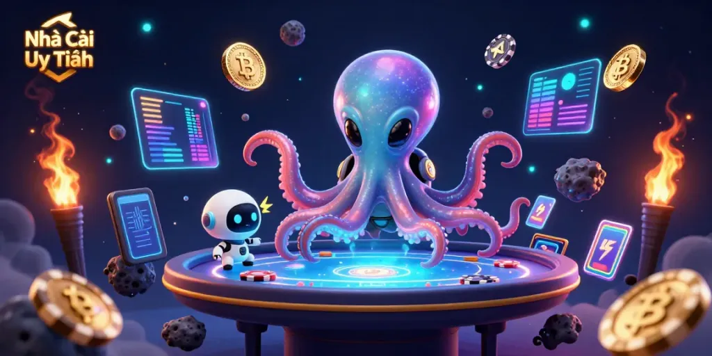 Engaging scene of a 3D cartoon octopus playing poker, highlighting Nhà Cái Uy Tín with dynamic elements