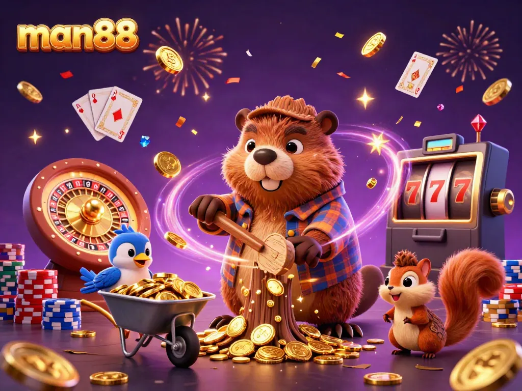 Experience the excitement of man88 with a beaver harvesting gold coins in a vibrant casino world.