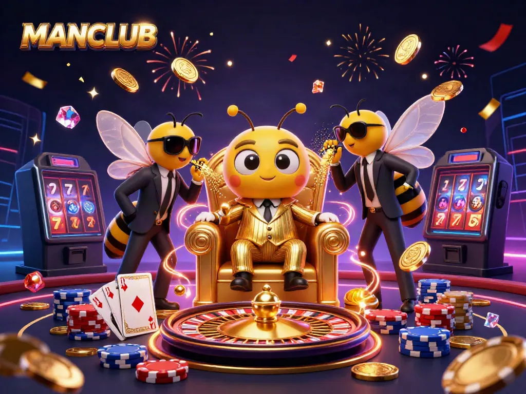 Engage in thrilling casino experiences with MANCLUB's animated scene of a cartoon bumblebee mob boss and vibrant gaming elements.