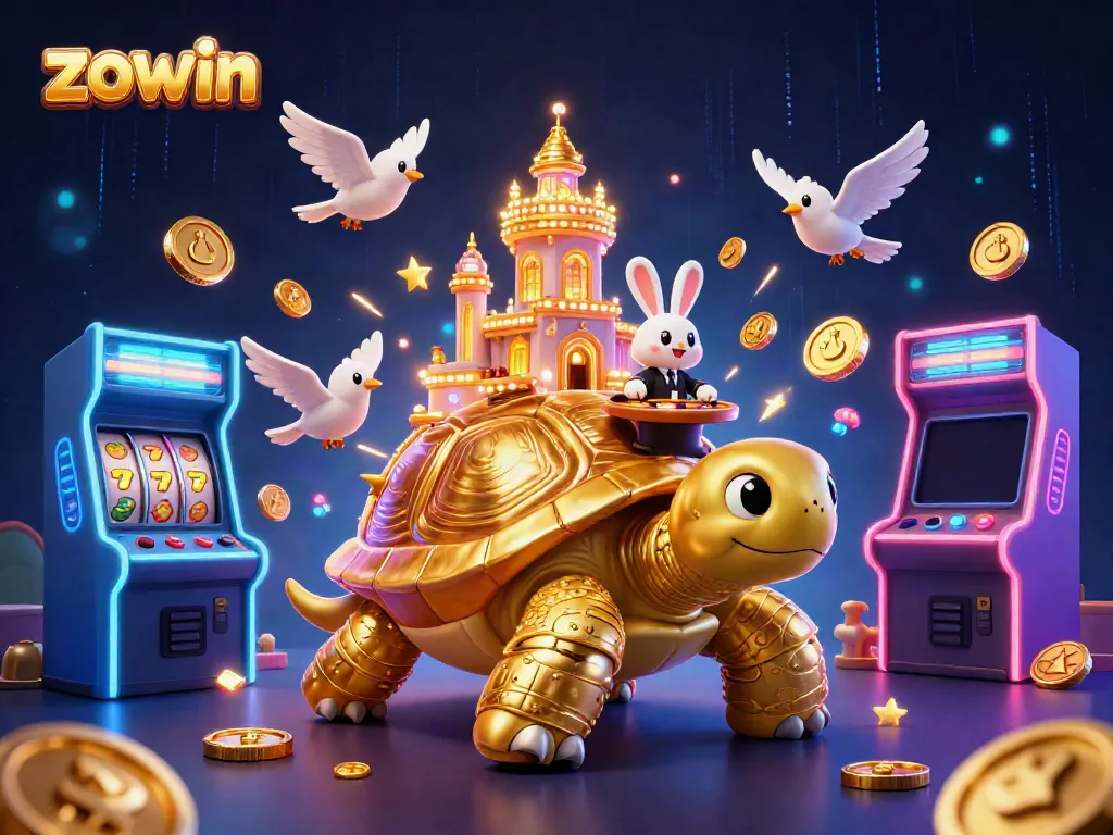 Experience the vibrant and thrilling world of zowin's 3D cartoon casino, featuring a golden tortoise and a rabbit dealer.