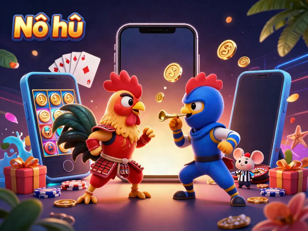 Experience the thrilling world of Nổ hũ with vibrant 3D cartoon fighting roosters in a jackpot showdown.