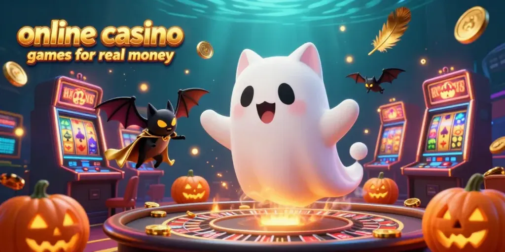 Experience exciting online casino games for real money with a lively ghost cat, bat companion, and vibrant casino elements.