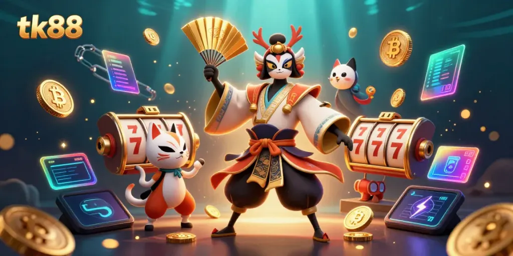 Experience the excitement of tk88 with vibrant slot reels and engaging characters in a dynamic casino scene.