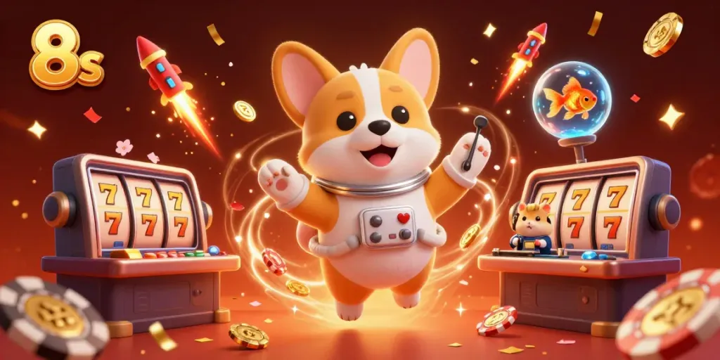 Experience the excitement of 8s with a floating casino scene featuring a corgi and vibrant gaming elements.