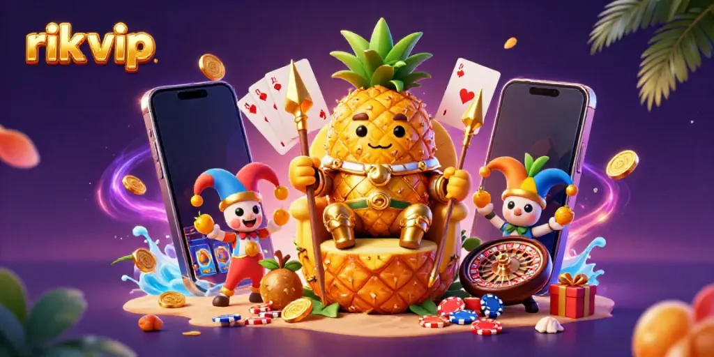 Engage in vibrant "rik vip" gaming action with the golden pineapple king, tropical elements, and slot game excitement.