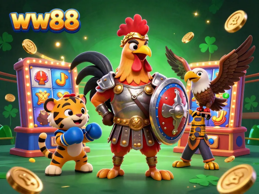 Engage in thrilling gameplay at ww88 with a dynamic 3D rooster and casino elements in an exciting gaming arena.