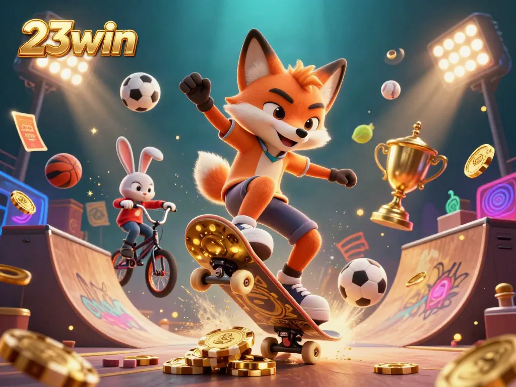 Experience dynamic gameplay with 23win in a vibrant casino-themed scene, featuring a skateboarding fox.