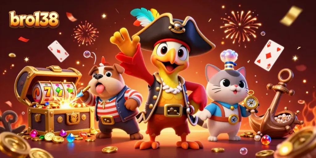 Experience thrilling gaming at bro138 with 3D pirate-themed illustration showcasing dynamic casino elements.