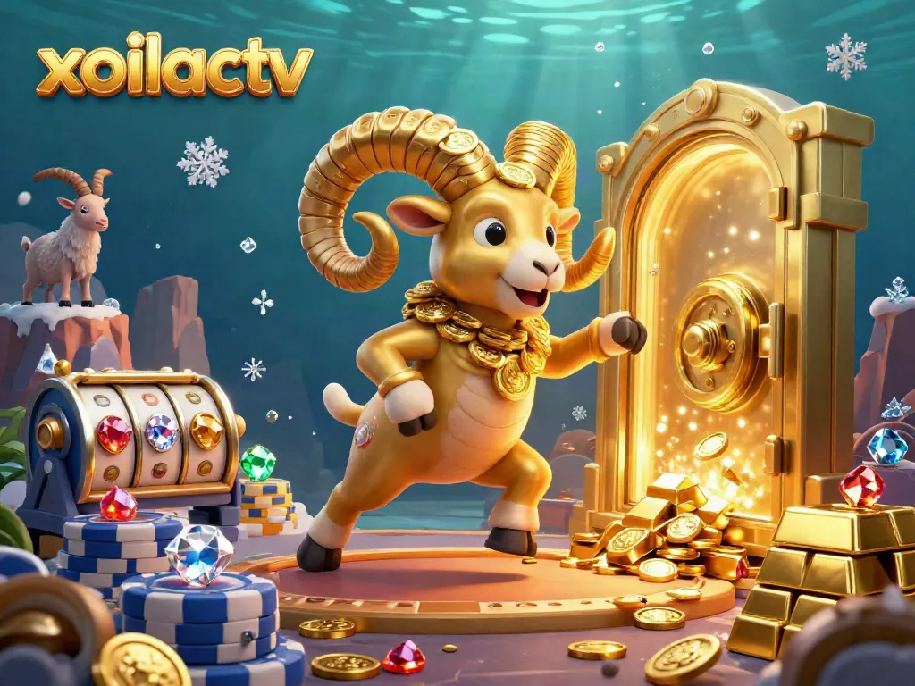 Watch thrilling action with xoilactv's golden ram charging through a vibrant gambling scene.