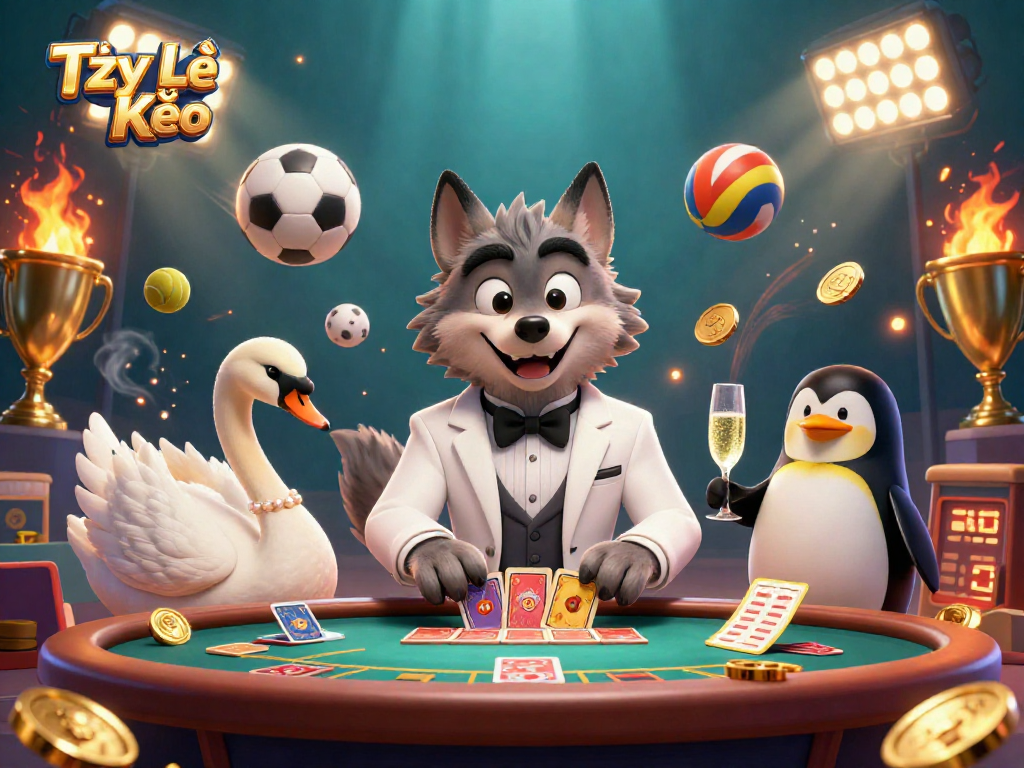 Tỷ Lệ Kèo showcases a debonair wolf and elegant swan at the baccarat table surrounded by dynamic sports elements