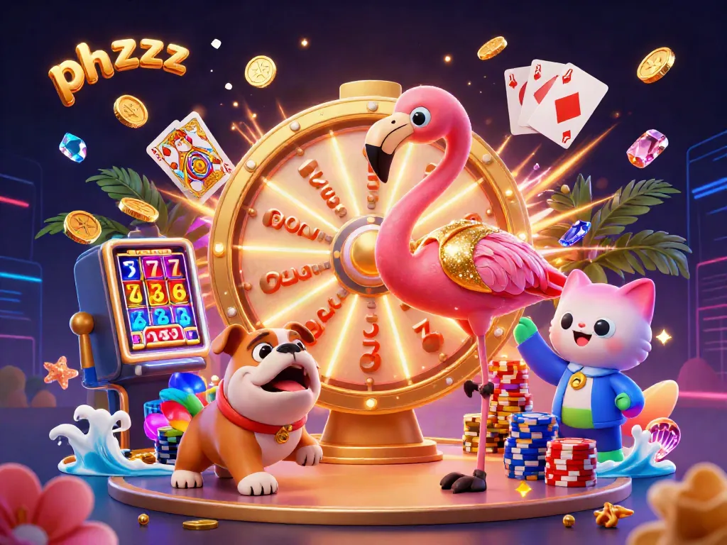 Experience exciting gameplay with phzzz as a flamingo host spins a prize wheel amidst cascading coins.
