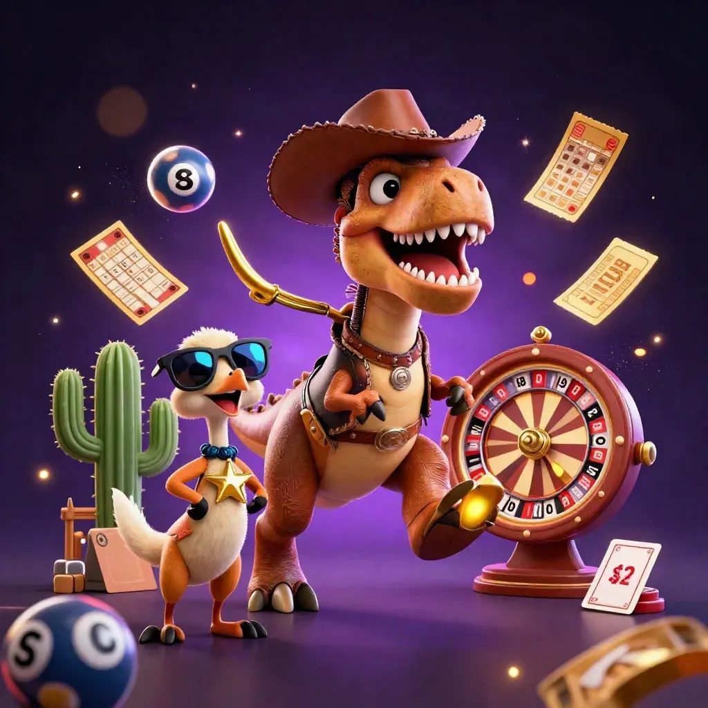 Cowboy T-Rex, cactus, and roadrunner amid glowing casino props and gold light.