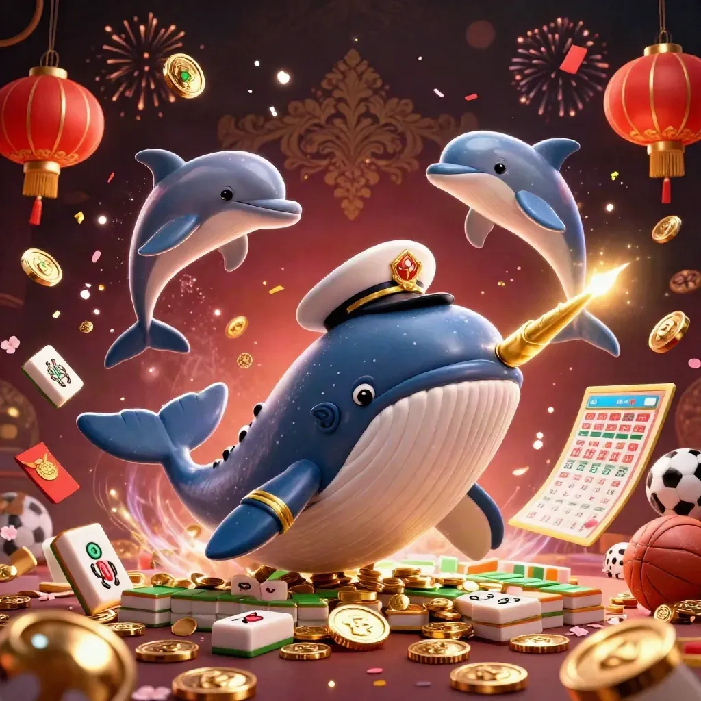 Whale captain, narwhal, and dolphins in a gold casino-sports explosion with coins and lights.