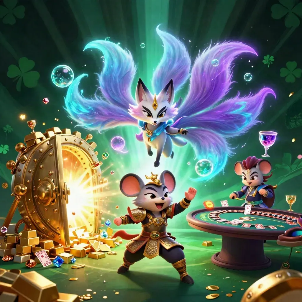 Fox spirit and samurai mouse amid a vault burst, gold, gems, and casino magic.