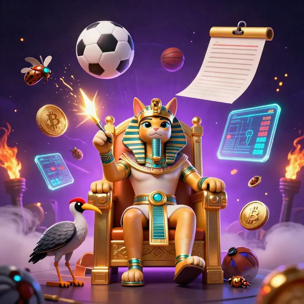Pharaoh cat, ibis scribe, scarabs, sports balls, coins, and neon casino magic in purple glow.