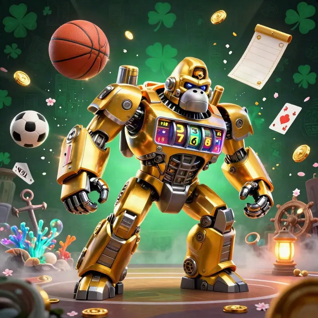Golden gorilla slot-mech with monkey pilot, basketball, soccer ball, and casino treasure