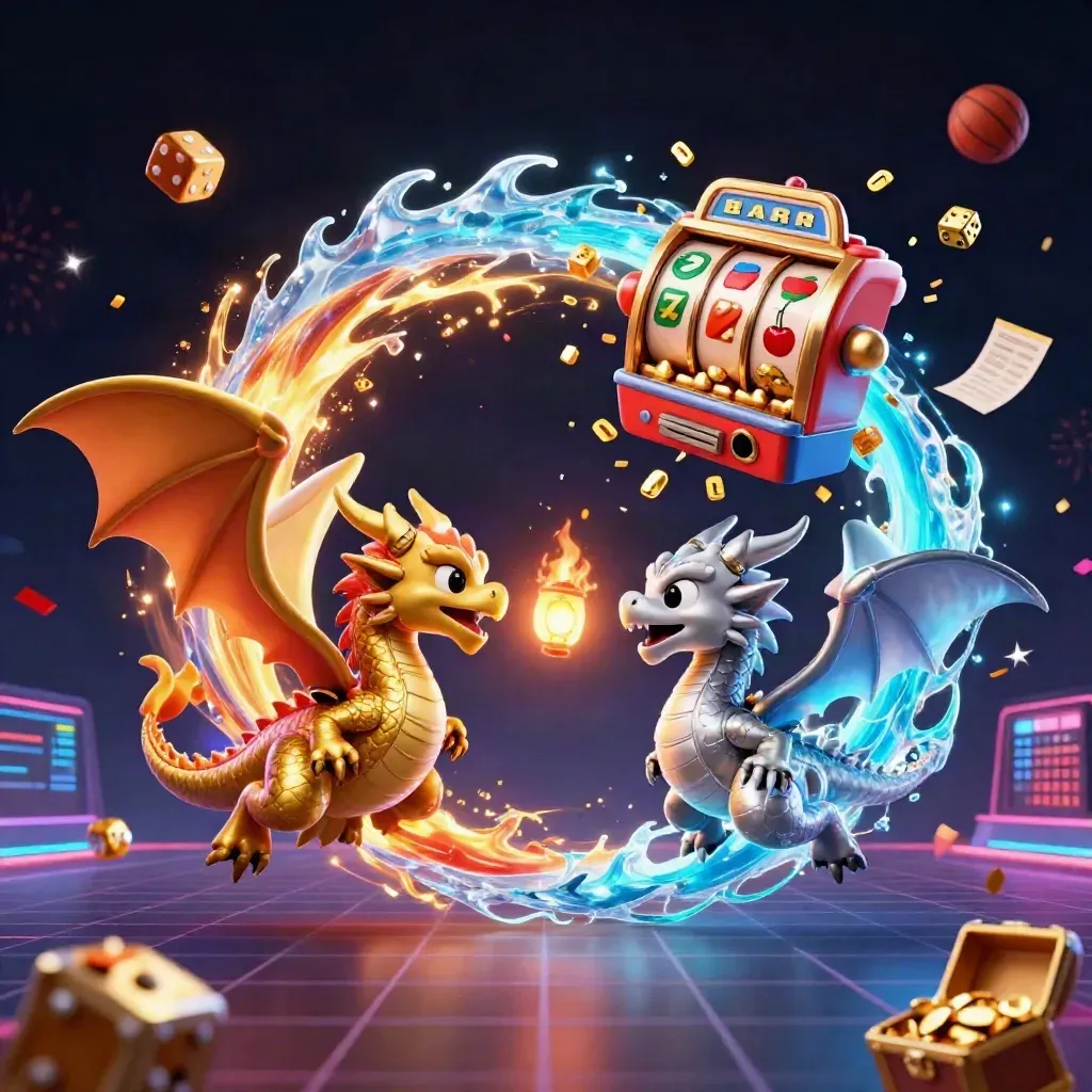 Twin gold and silver dragons swirl with casino symbols, ball sports, neon sparks, and gold treasure.