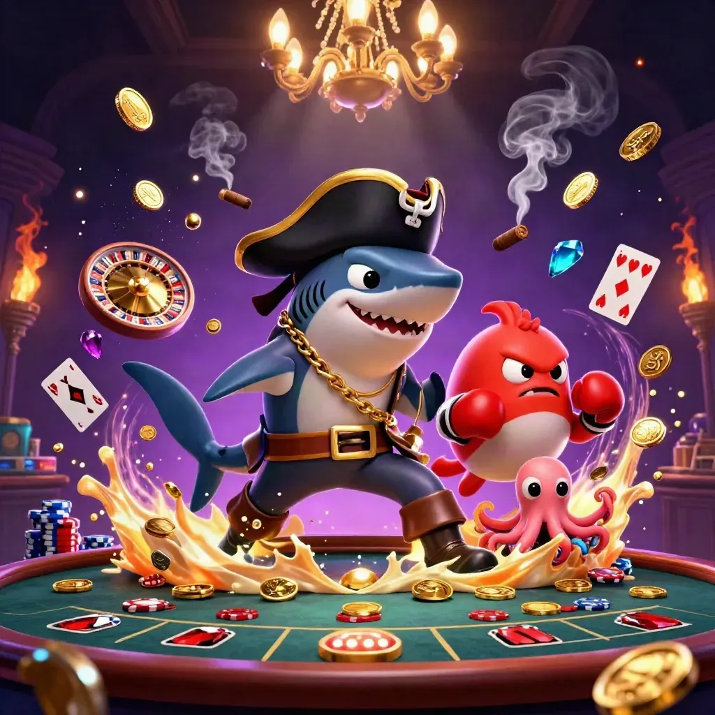 Pirate shark, pufferfish, and baby octopus in a glowing casino scene with coins and a roulette wheel.