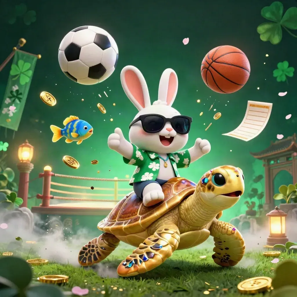 Cartoon rabbit rides a jeweled sea turtle amid sports balls, coins, temple gates, and glowing casino magic.