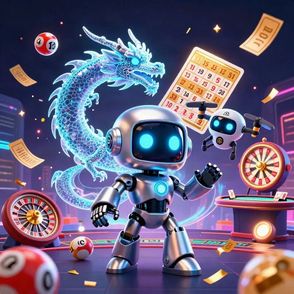 Cyberpunk robot, holographic dragon and coin drone amid casino prizes, neon grid, fireworks, and gold confetti