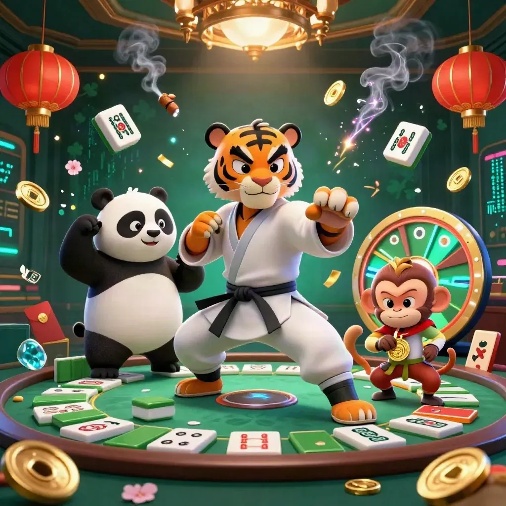 Tiger master, panda disciple, and monkey student in a glowing neon casino with lanterns and gold coins.
