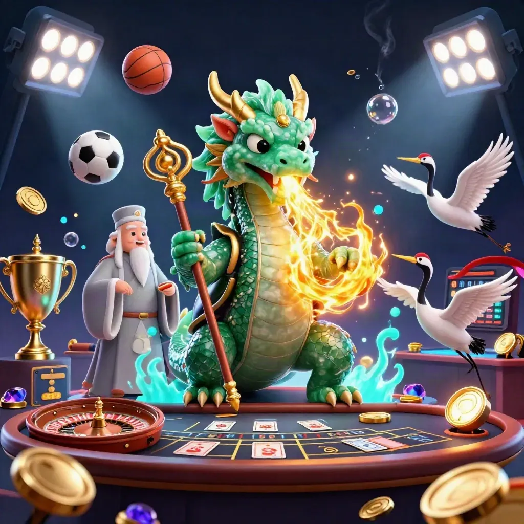 Emerald dragon, turtle sage, and cranes in a glowing premium casino scene with gold, cyan, and navy light.