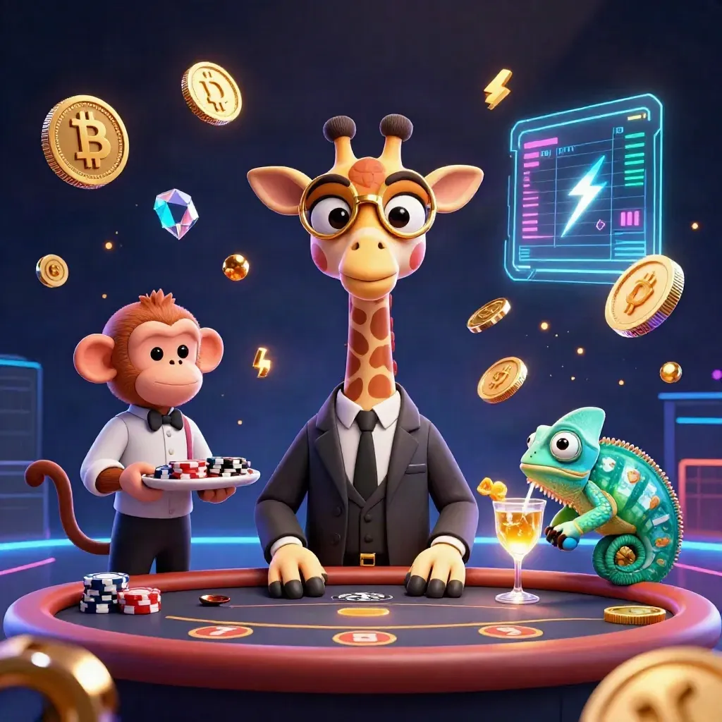 Giraffe high-roller, monkey valet, and chameleon bartender amid casino coins and neon tech glow.