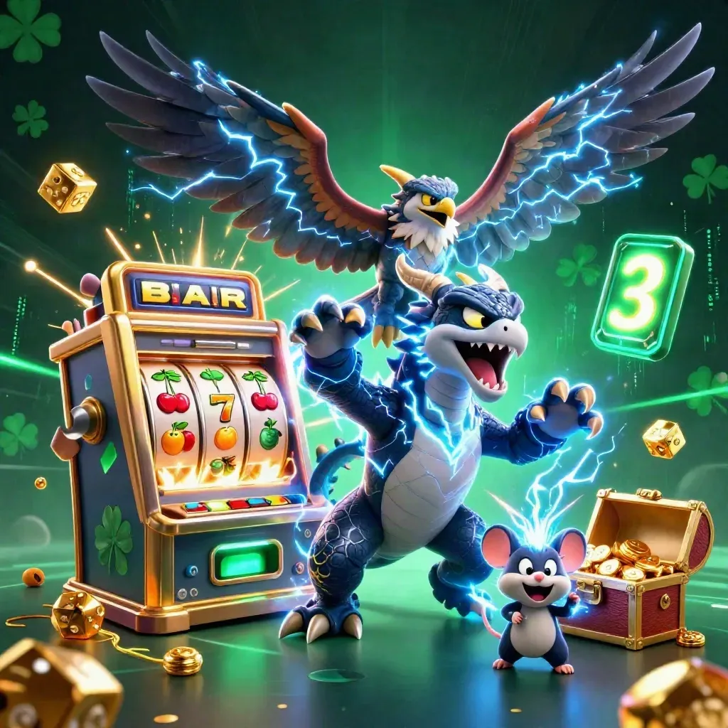 Thunder dragon, wind hawk, and static mouse explode amid jackpot slot treasure in neon casino glow.