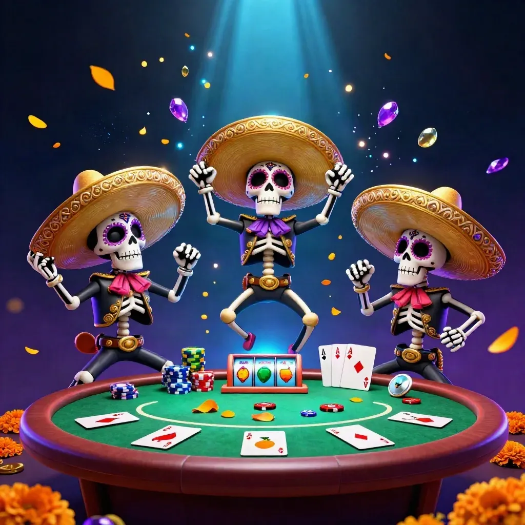 Day-of-the-Dead skeleton mariachi trio amid neon poker chips, cards, and cyan casino glow
