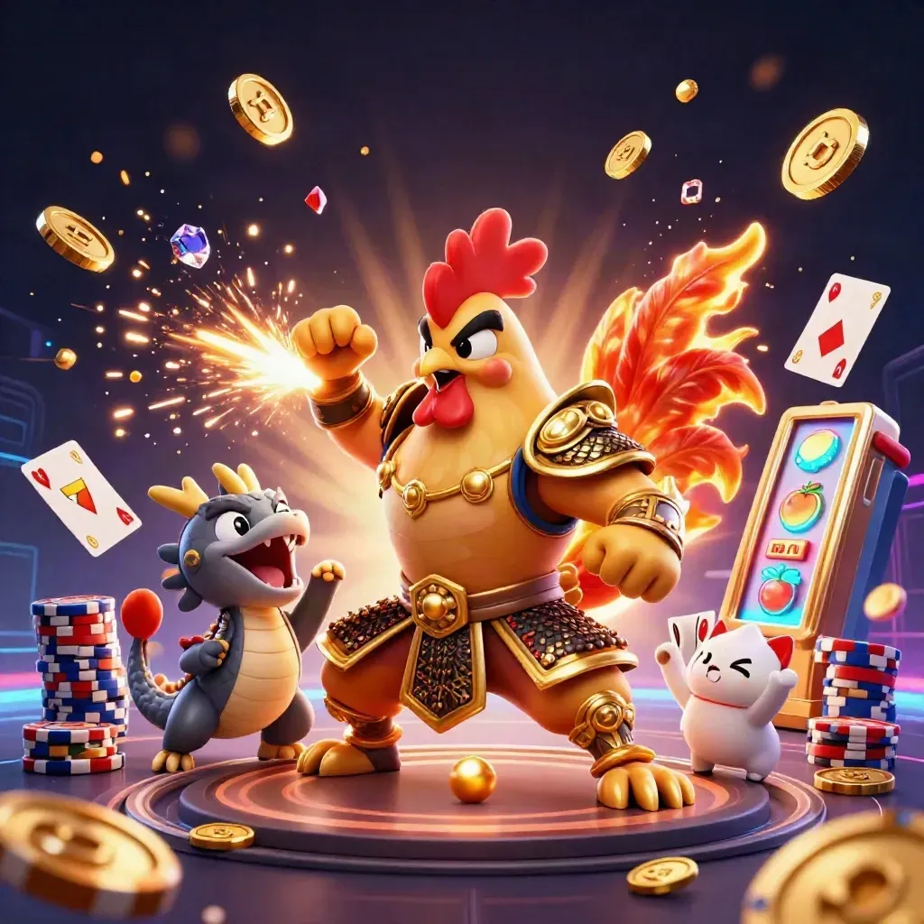 Rooster warrior, dragon hatchling, and fortune-cat amid coins, gems, chips, and neon casino effects.