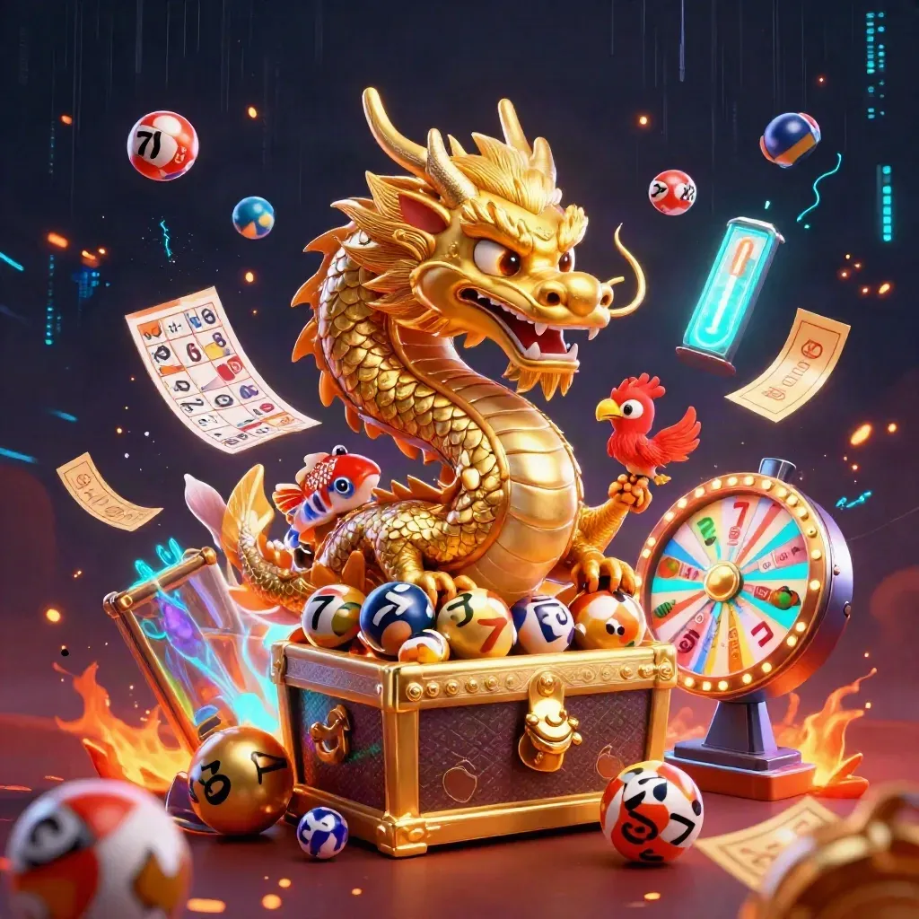 Golden dragon with baby phoenix and koi bursts from treasure amid casino glow and neon bolts.