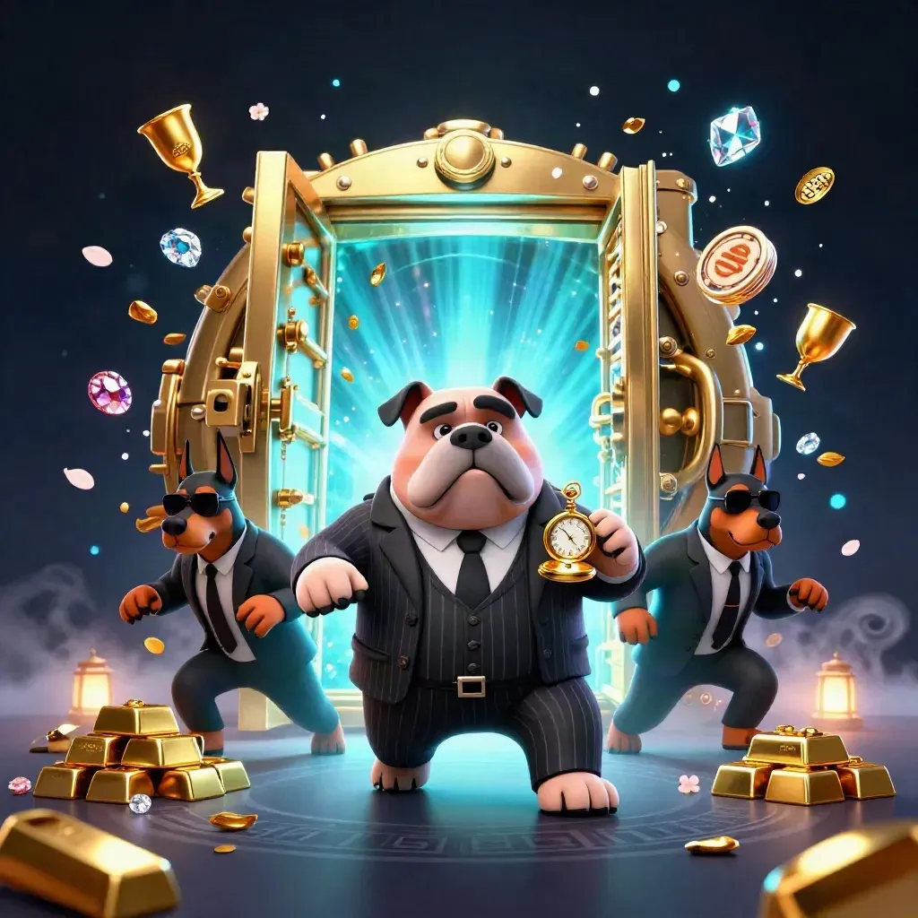 Cartoon mafia bulldog and Dobermans burst from a glowing treasure vault amid cyan casino gold.