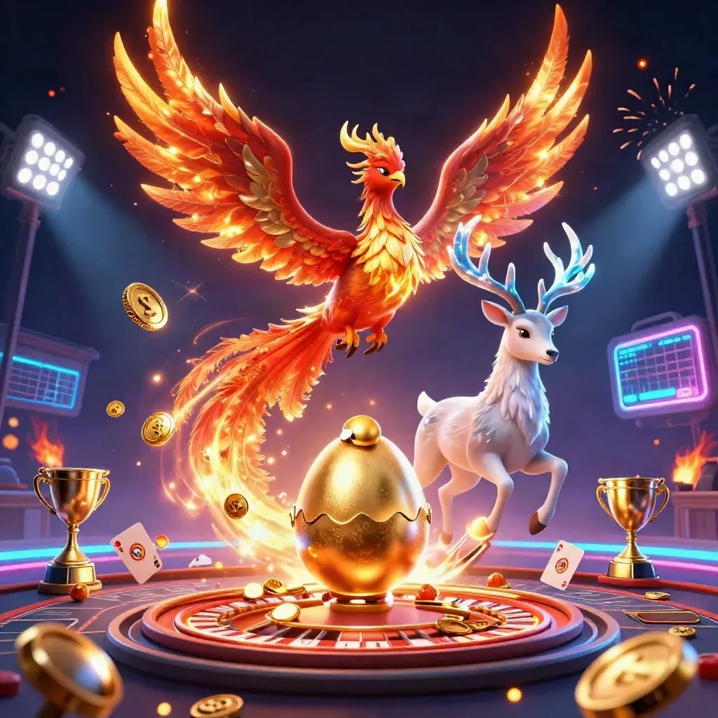 Phoenix, baby phoenix, and stag amid coins, fireworks, sports balls, and casino glow