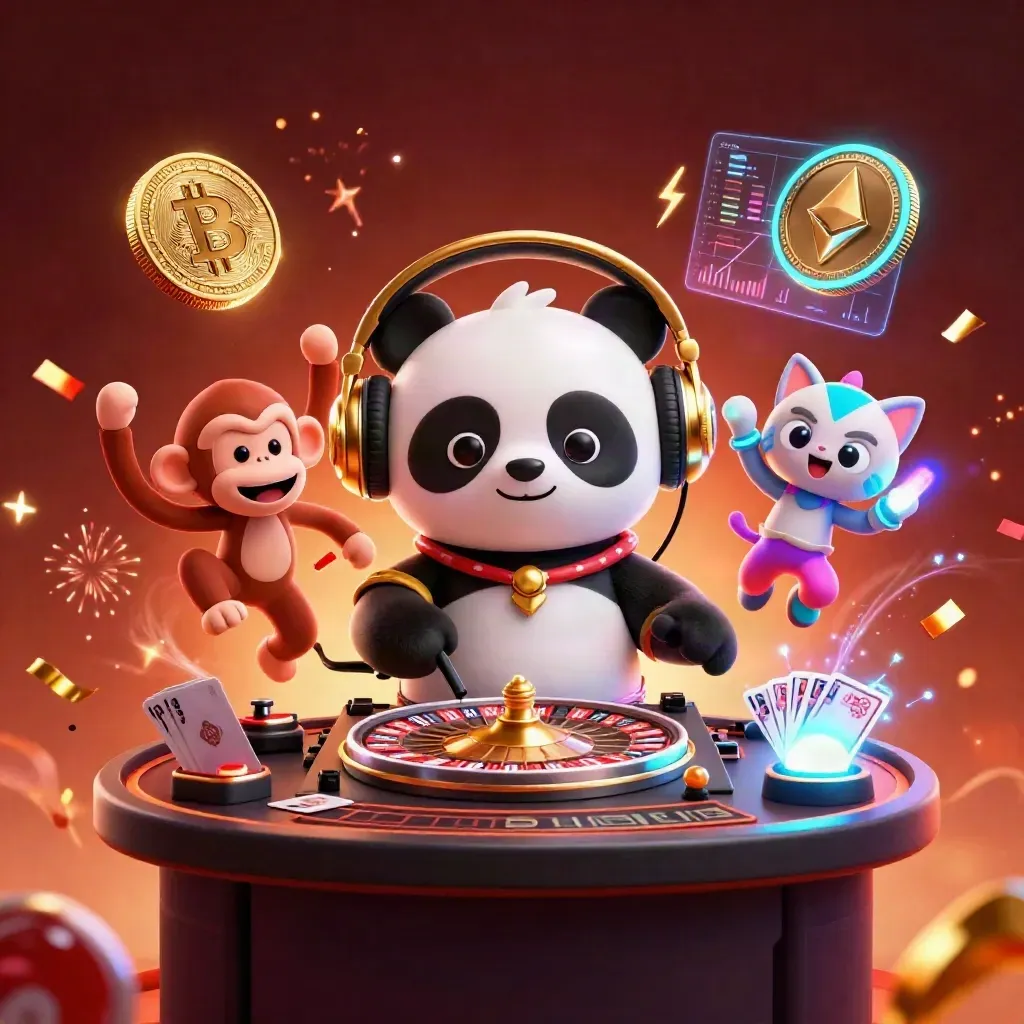 DJ panda, monkey, and glow-stick kitten amid coins, fireworks, and casino glow.