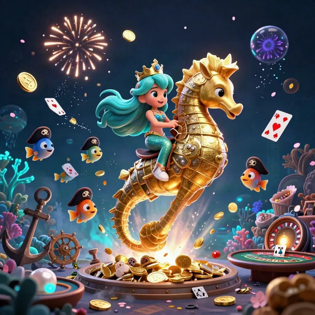 Mermaid princess and pirate fish ride a golden seahorse amid coins, coral, and casino magic.