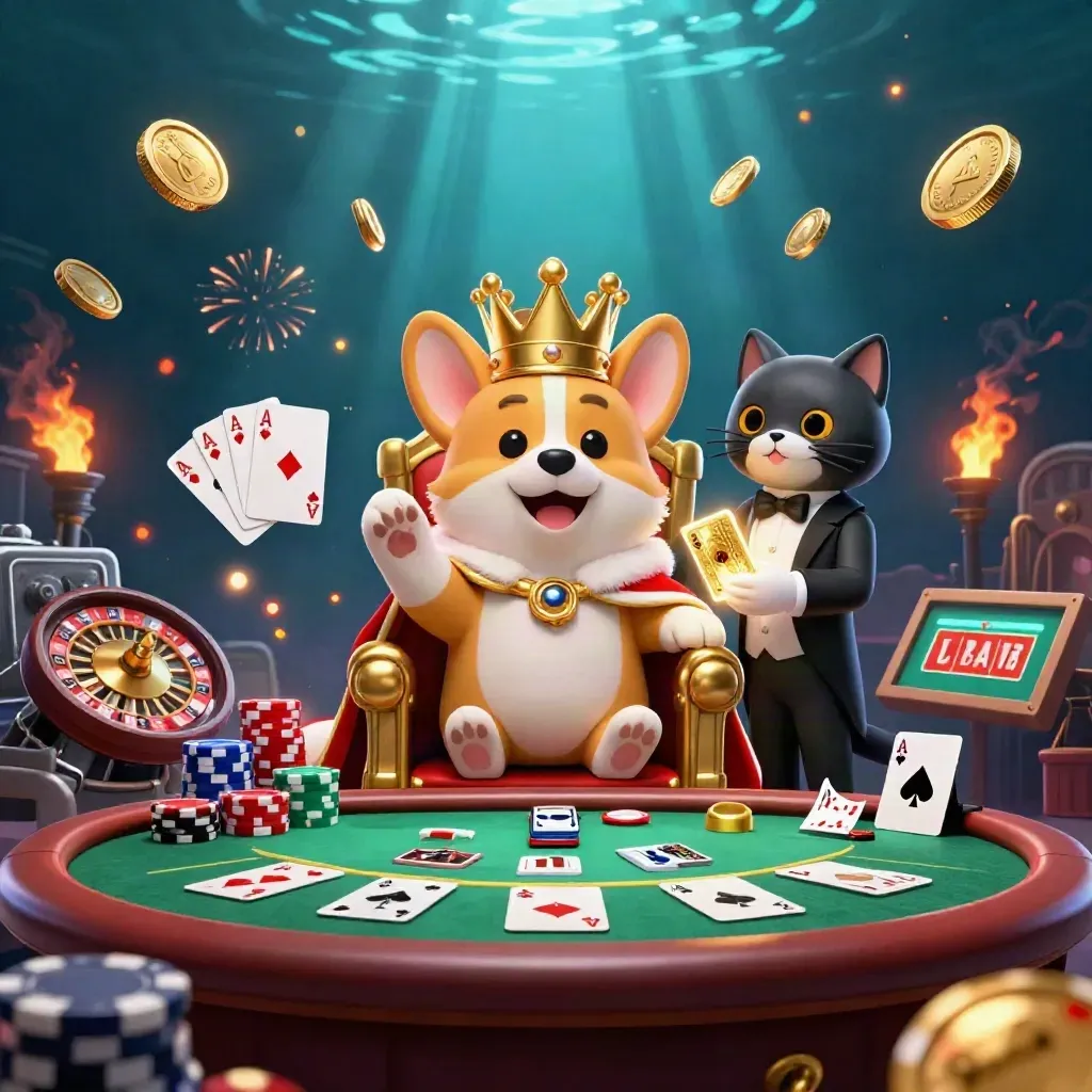 Royal corgi and cat butler amid exploding coins, poker chips, and casino glow