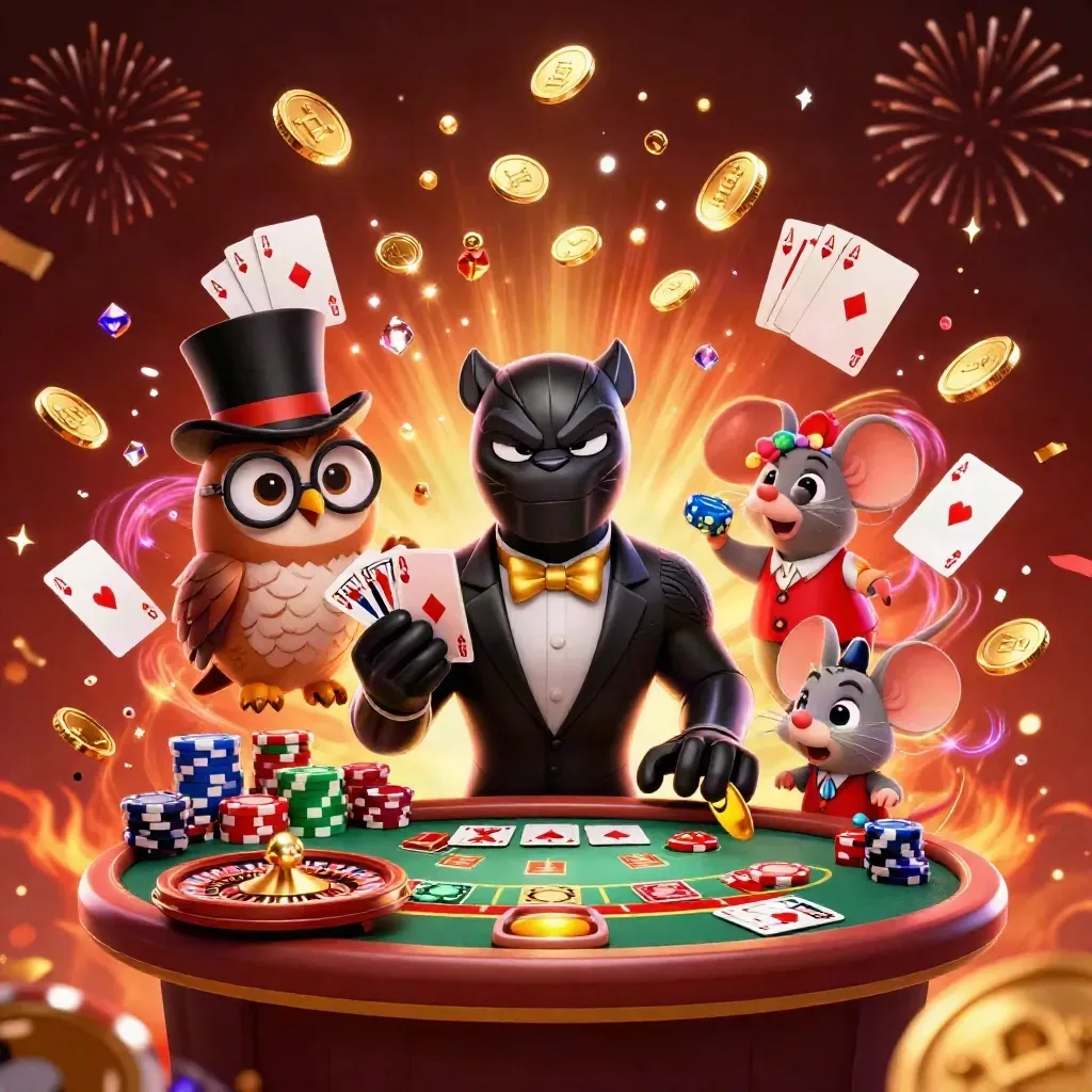 Panther, owl, and mouse in casino action amid coins, cards, chips, fireworks, and glowing embers.