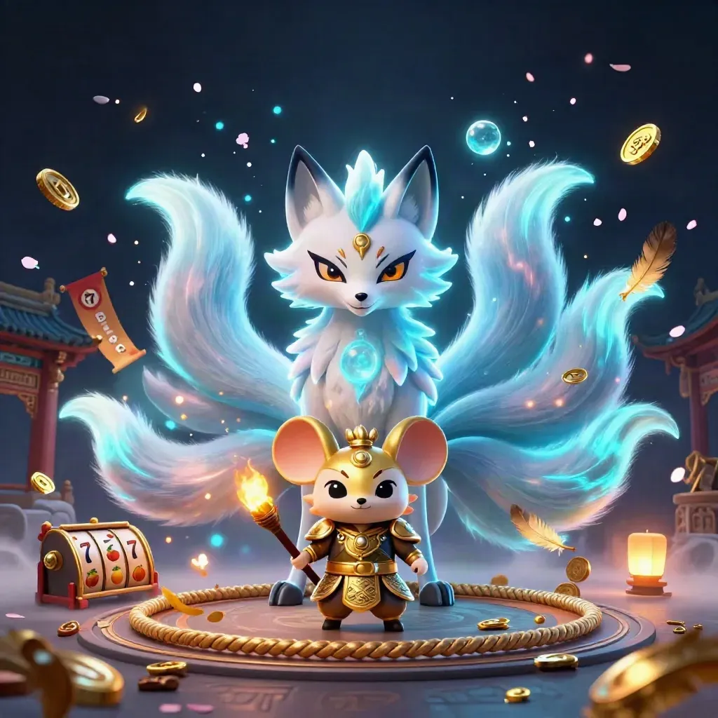 Nine-tailed fox spirit and armored mouse amid casino loot, neon glow, temple and slot effects.