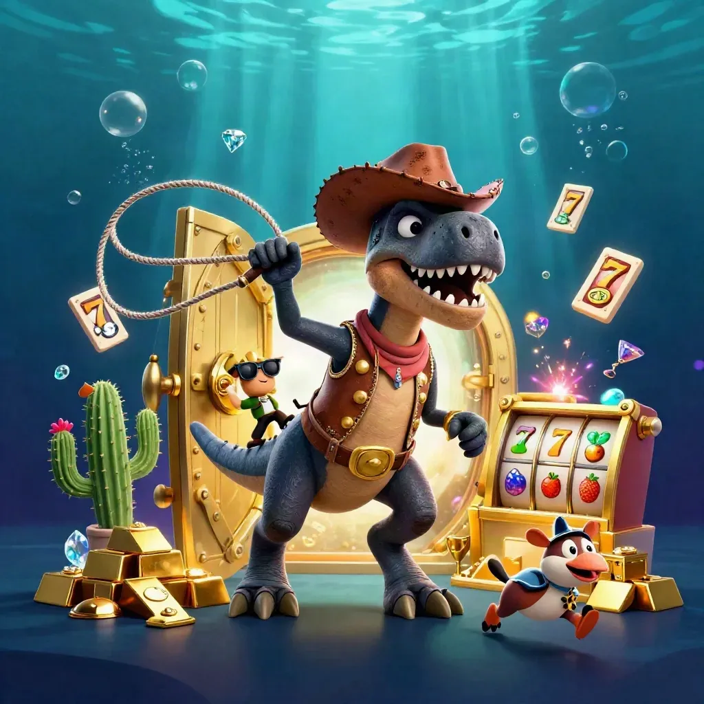 Cowboy T-Rex, cactus sidekick, and sheriff roadrunner bursting from a glowing vault underwater.
