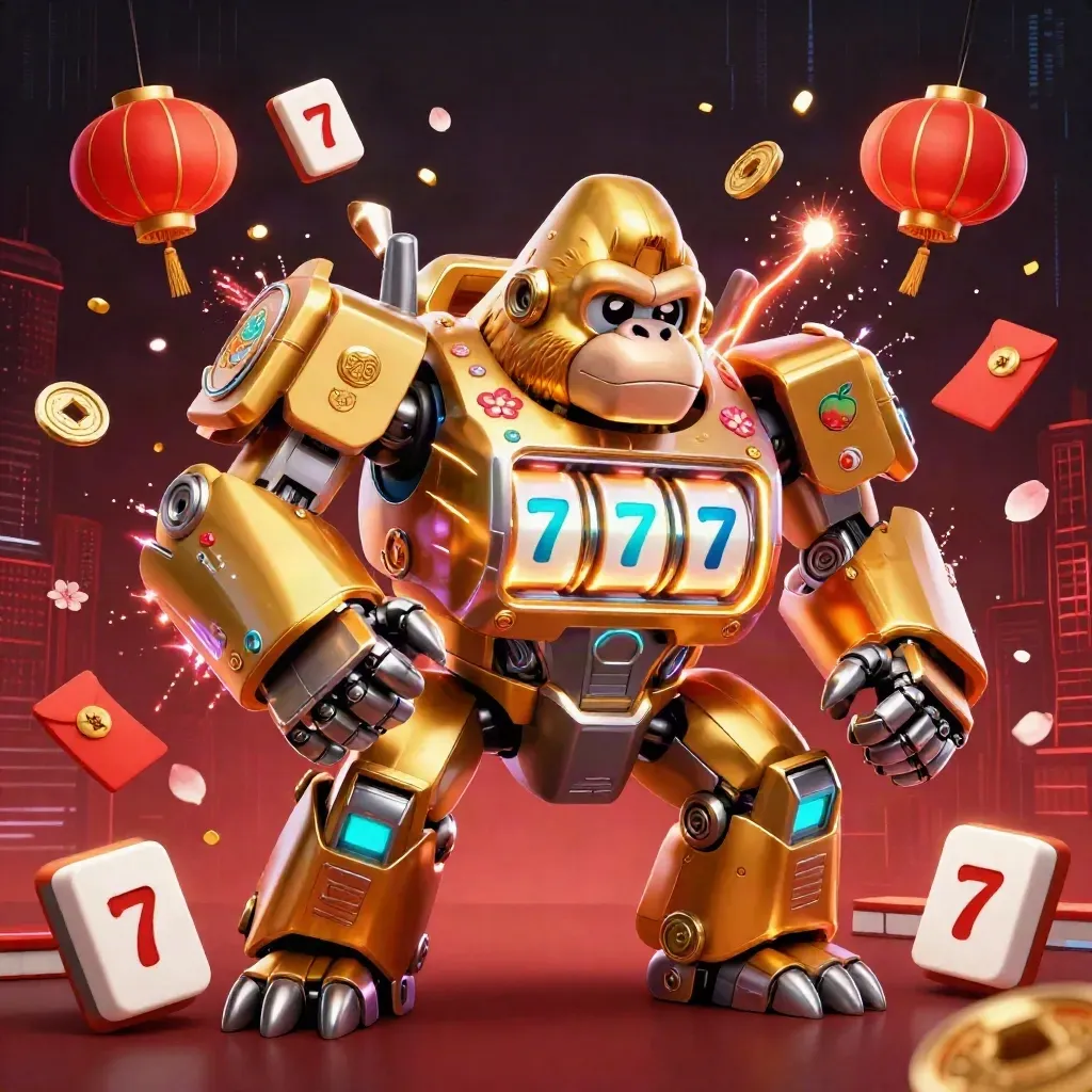 Golden gorilla slot-mech with tiny monkey pilot, reels, lanterns, coins, and fireworks on a dark red casino backdrop.