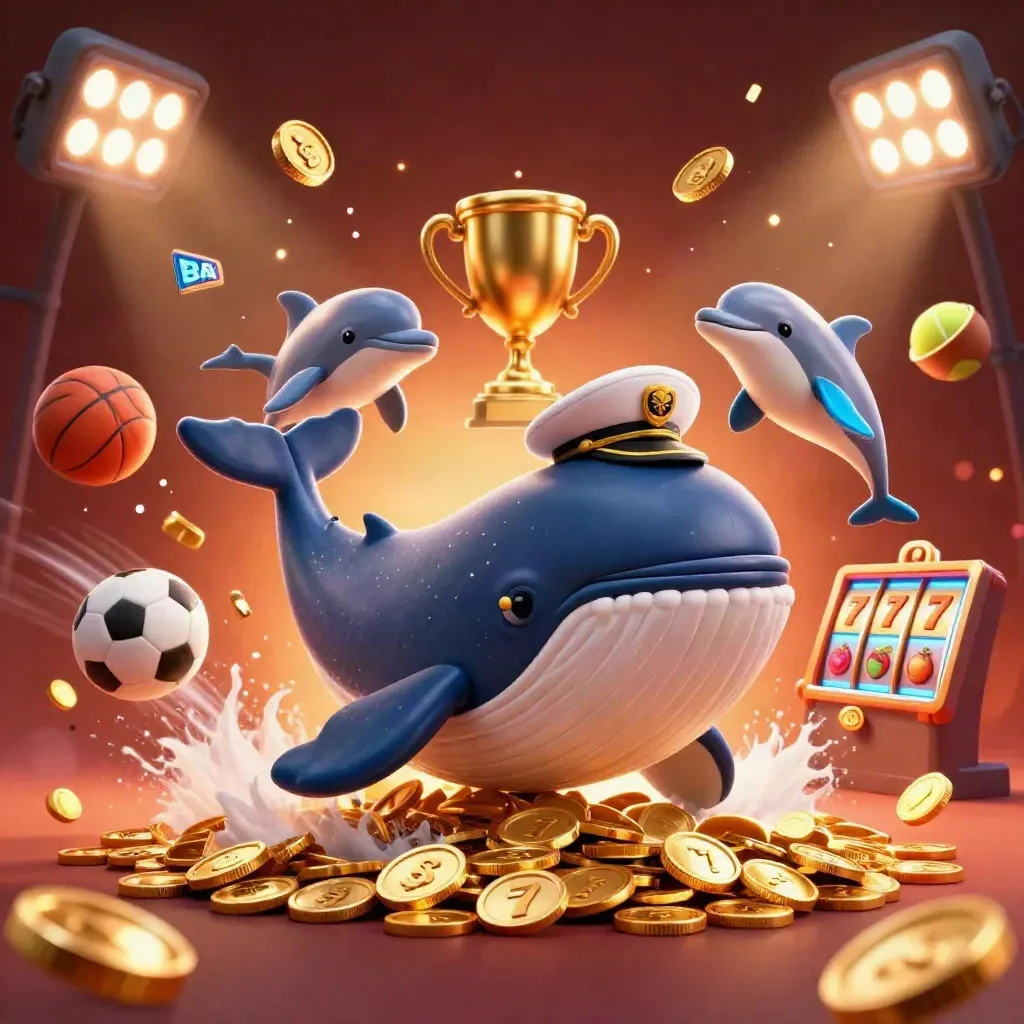 Whale captain, narwhal, and dolphins burst through coins with casino lights and slot symbols.