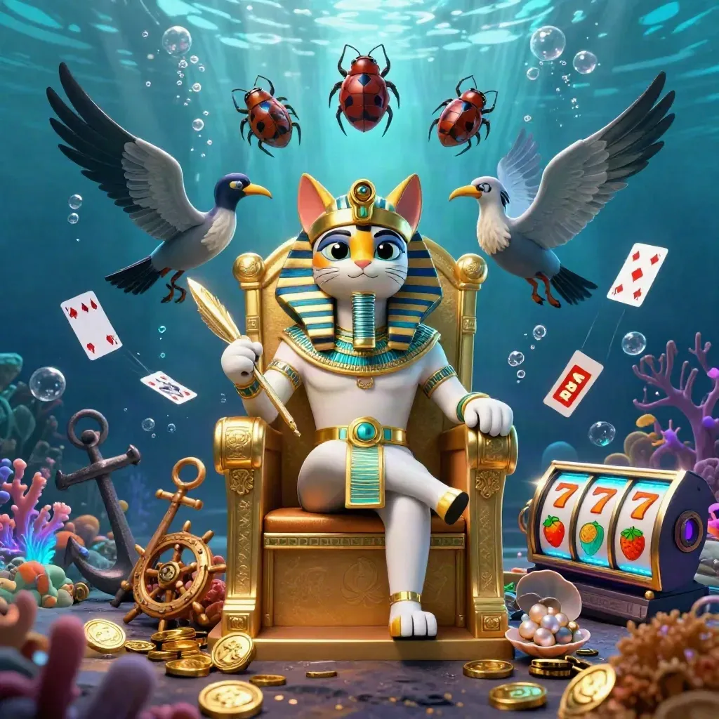 Pharaoh cat throne, ibis scribe, and gem-wing scarabs in glowing underwater casino treasure