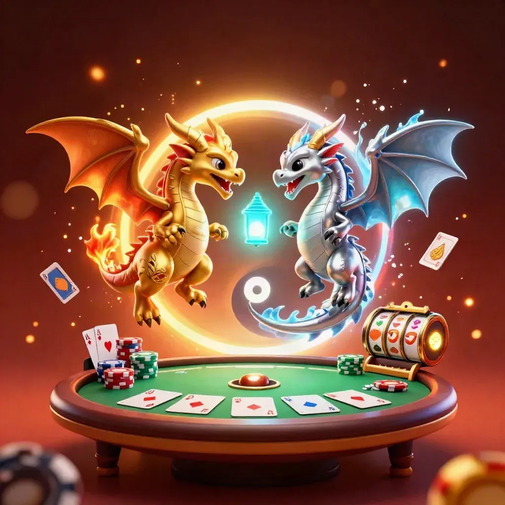 Gold and silver dragons form a fiery icy yin-yang around a cyan lantern spirit and casino symbols.