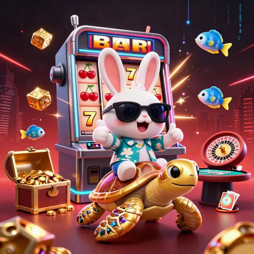 Lucky rabbit on a golden sea turtle with casino symbols and jackpot glow.