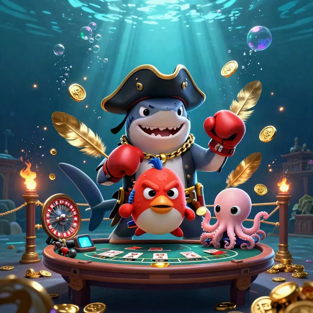 Shark pirate, boxing pufferfish, and juggling octopus amid casino coins and neon underwater glow.